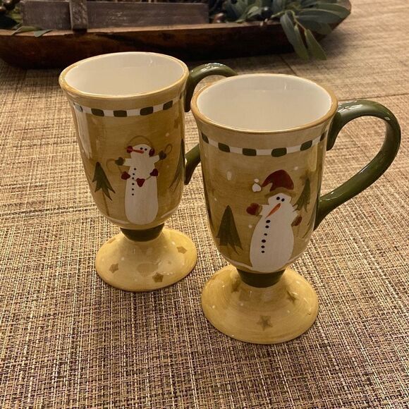 Sonoma Lifestyle Snowman Footed Pedestal Coffee Mugs Christmas Holiday Set of 2 - Picture 7 of 12